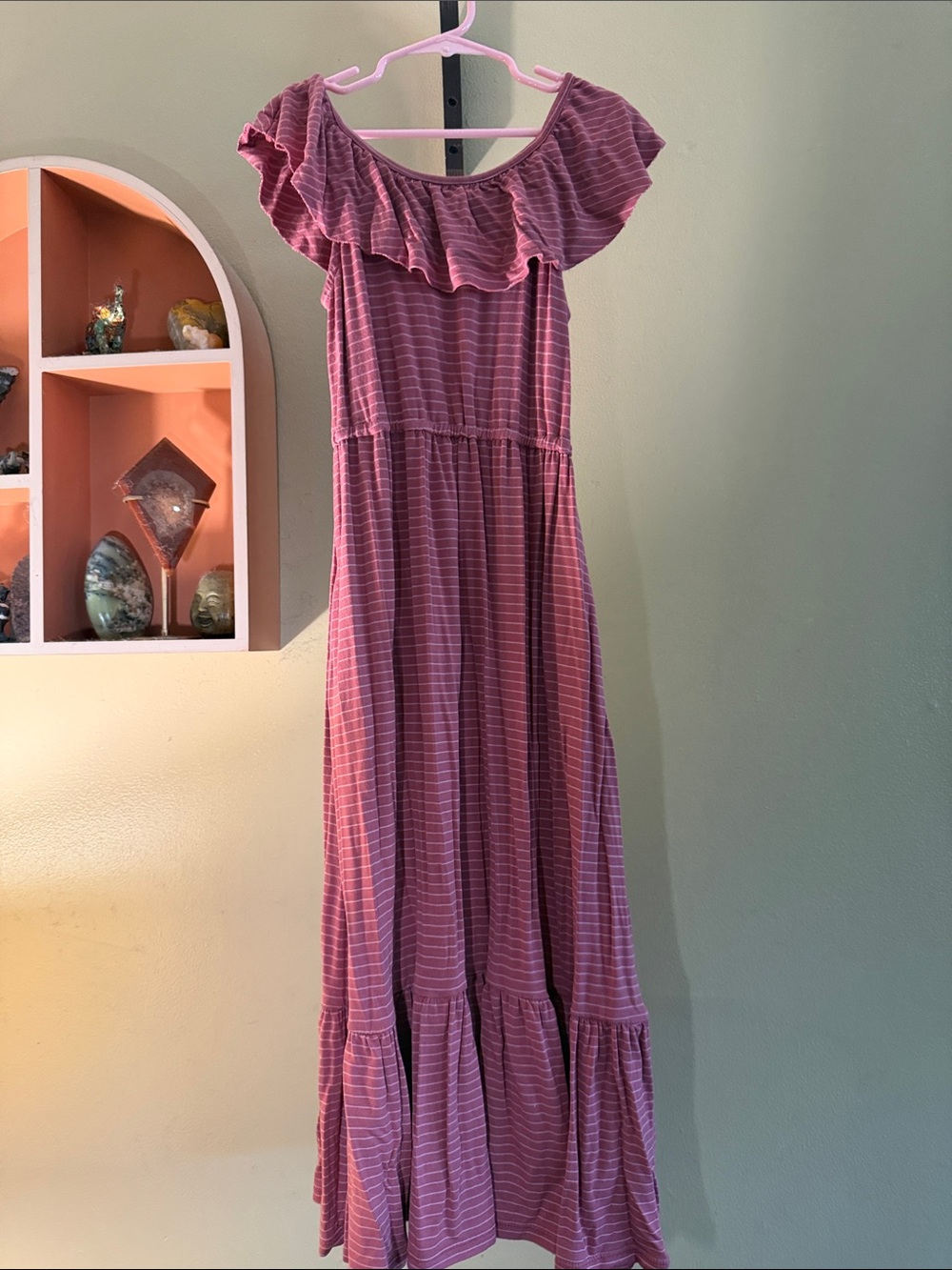 Bailey Lane Rose Pink Striped Maxi Dress Boat Neck/ Off-The-Shoulder Neckline